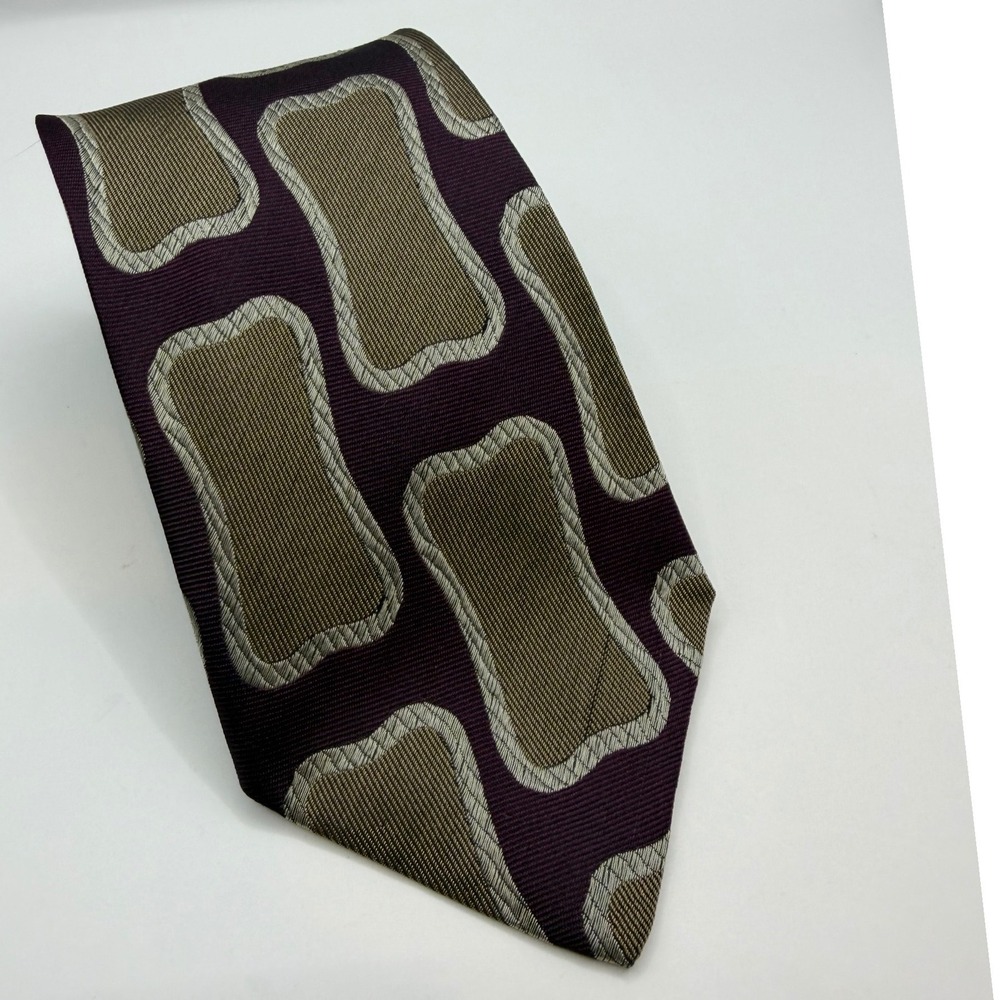 Giorgio Armani Cravatte Silk Tie Mens Plum Gold Geometric Abstract Made in Italy